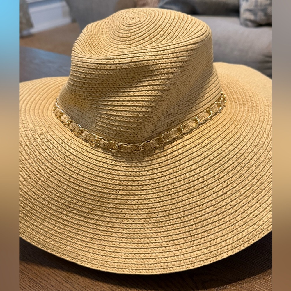 Wide Brim Straw Sun Hat with Gold Chain Trim - Tan